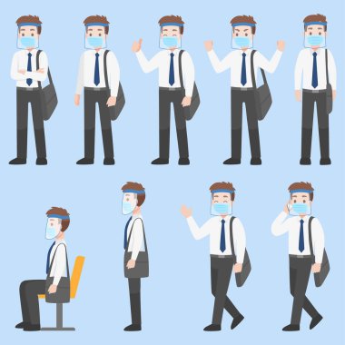 New York 'ta günlük iş kıyafetleri içinde cerrahi koruyucu bir maske takan ve koronavirüsü önlemek için yüz maskesi takan bir grup adam. Karakter ön tarafa poz verir çizgi film, sağlık hizmetleri.