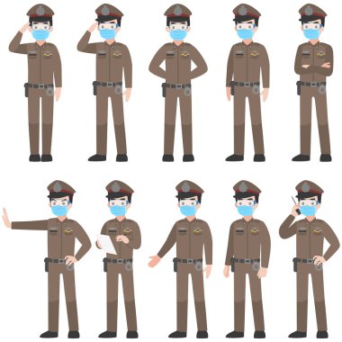 Kahverengi üniformalı Tayland polisi Coronavirus 'u önlemek için cerrahi koruyucu maske ve gözlük takıyor. Karakter ön tarafa poz verir çizgi film, sağlık hizmetleri.