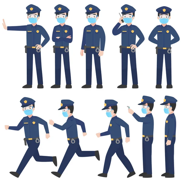 Ensemble Policiers Uniforme Avec Une Nouvelle Vie Normale Portant Masque — Image vectorielle