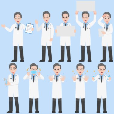 Coronavirus çizgi film düz sağlık konseptini önlemek için çeşitli eylemlerde bulunan Doktor Karakteri dizaynı.