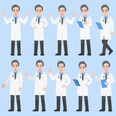 Çeşitli aksiyon çizgi film düz sağlık konseptinde Doktor Karakteri tasarımı.