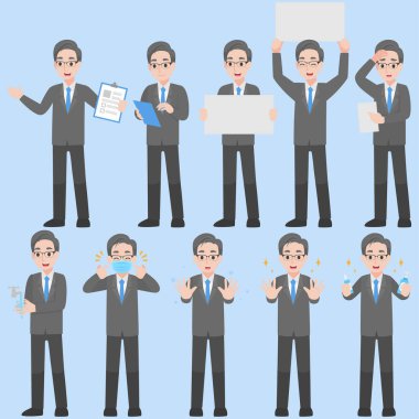 Coronavirus karikatür düz sağlık konseptini önlemek için çeşitli eylemlerde bulunan İş Adamı Karakteri Dizaynı.