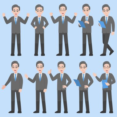 Çeşitli aksiyon karikatür düz iş konseptinde İş Adamı Karakteri tasarımı.