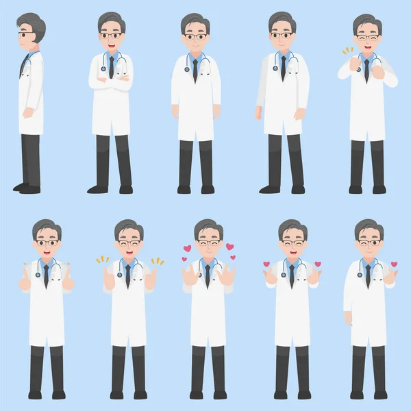 Set Doctors Desain Karakter Dalam Berbagai Tindakan Dengan Emosi Cartoon - Stok Vektor