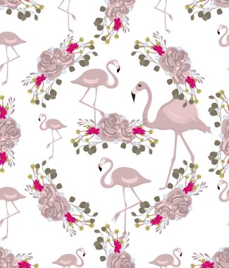 Vektör pembe flamingolar ve çiçekler ile seamless modeli. Egzotik Hawaii sanat arka plan tropikal moda olduğunu. Kumaş, tekstil, ambalaj kağıdı ve diğer dekorasyon için tasarım. Aloha koleksiyonu.