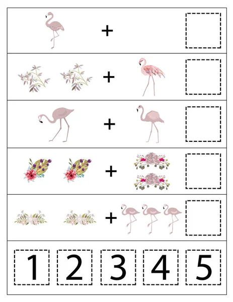 Mathematics Flamingo Kids Game Kids Printable Game Preschool Kindergarten Worksheet — Stock Vector
