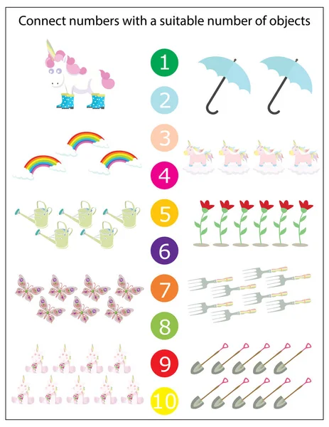 Mathematics Kindergarten Worksheet Kids Printable Game Funny Unicorns Kids Game — Stock Vector