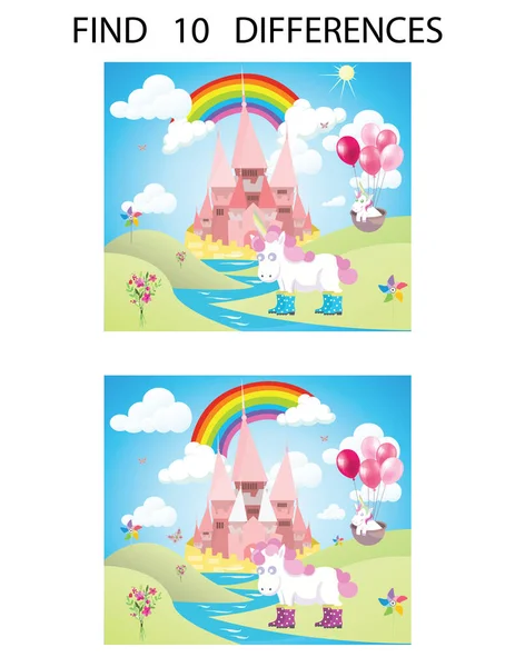 Find Ten Differences Educational Game Children Fairytale Castle Unicorns Vector — Stock Vector