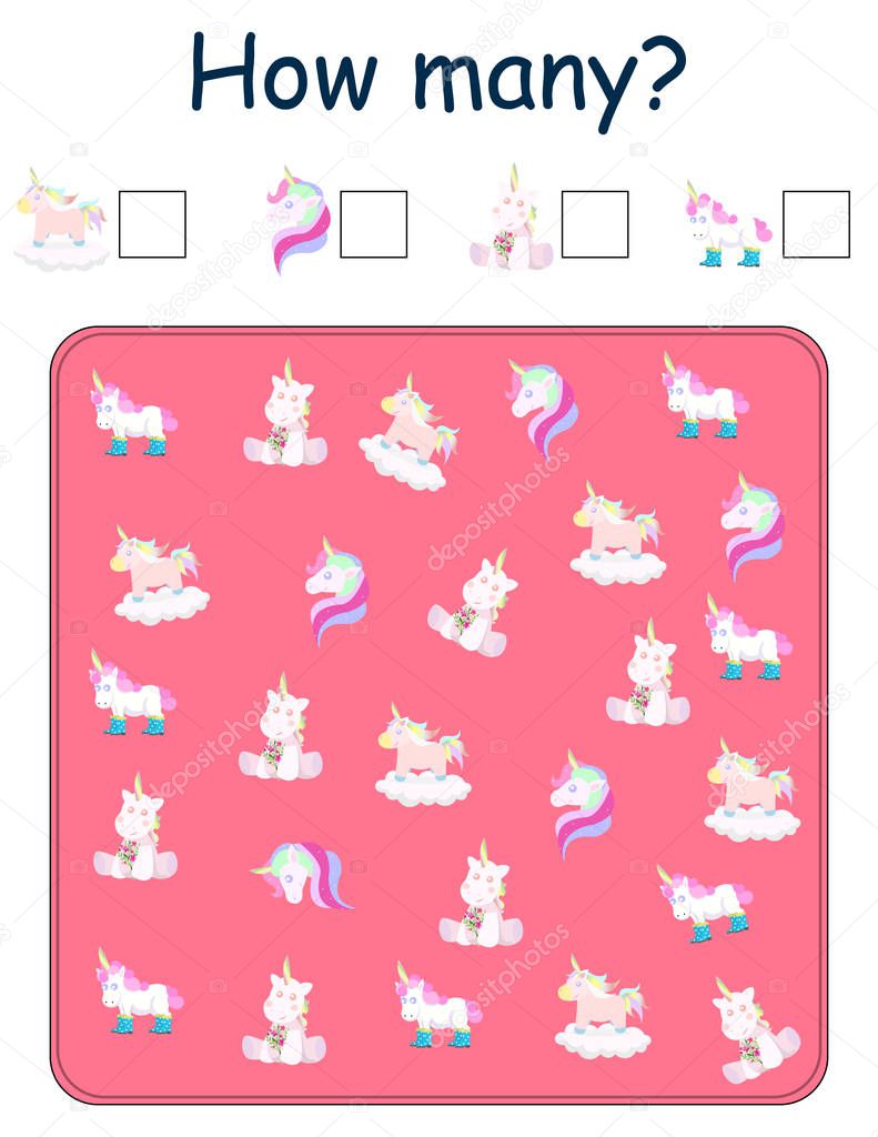How many kids game. Preschool Kindergarten worksheet. Cute unicorns Illustration.