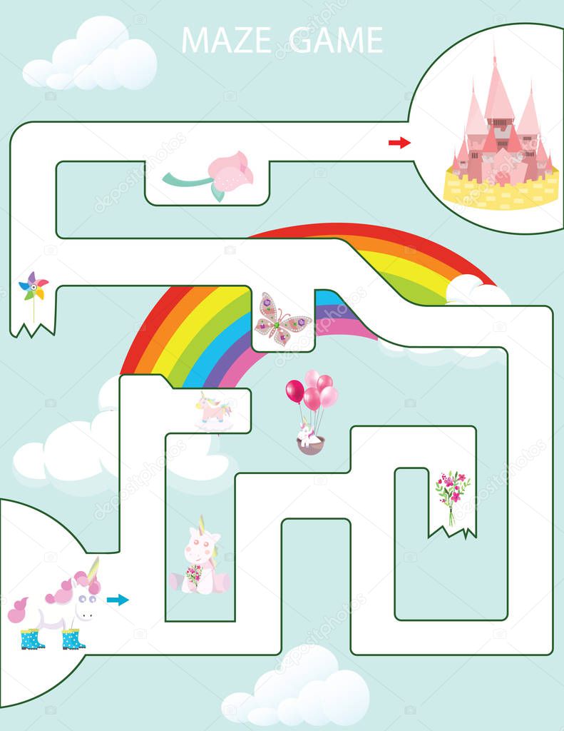 Maze game Kids Printable Game. Vector Illustration. Preschool Kindergarten Worksheet. Castle and unicorns game.