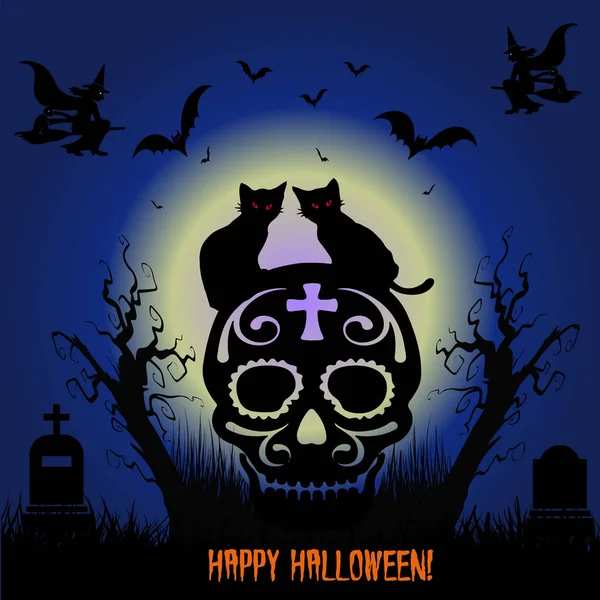 Holiday Halloween. Black two cats sit on skull, night cemetery,