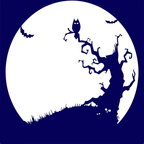 Holiday Halloween, night a terrible tree and an owl, blue silhou