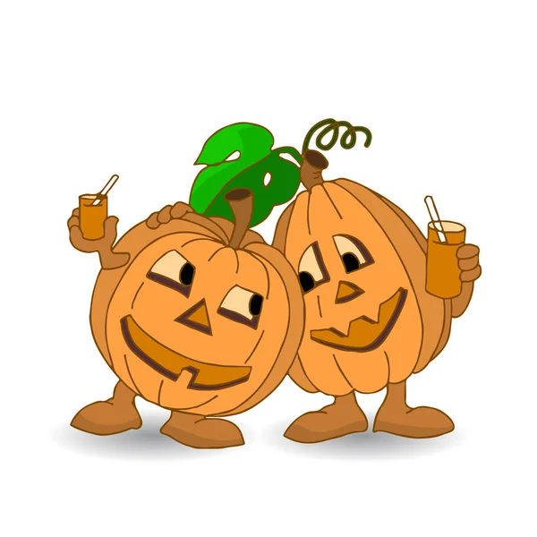 Holiday Halloween, two cheerful pumpkins rest and drink juice, c