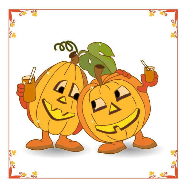Holiday Halloween, two merry pumpkins rest and drink juice (in a