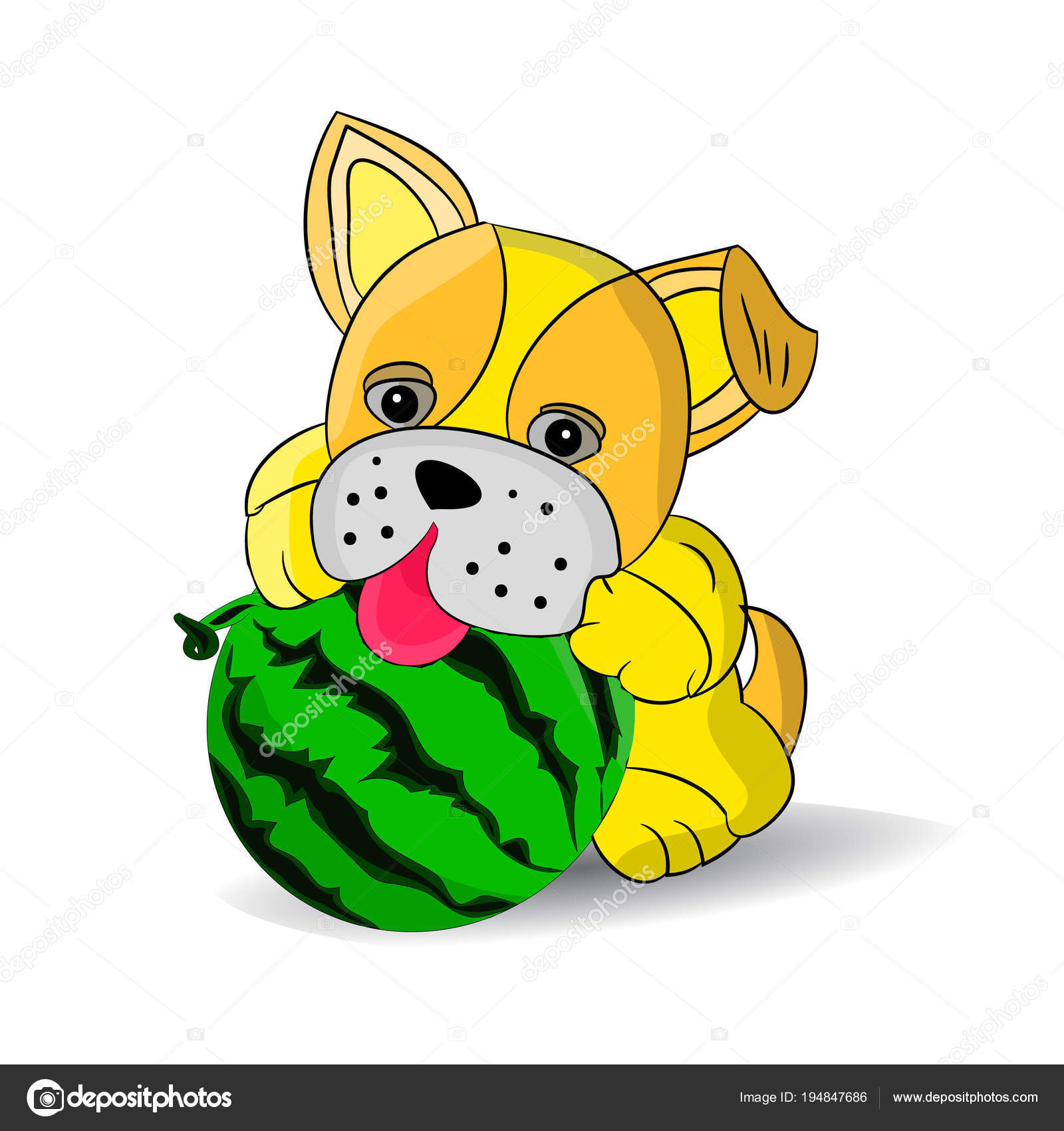 Jaune Chien Jouant Avec Pastèque Dessin Humoristique Sur