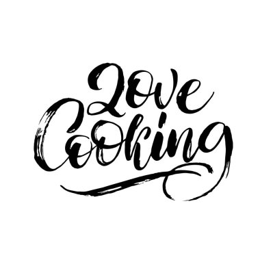 Yemek pişirmeyle ilgili tırnak koleksiyonu. Yemek yapmayı seviyorum. El yapımı mutfak kaligrafisi. Typography tasarım elemanları ayarlandı. Vektör illüstrasyonu.