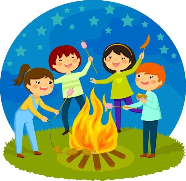 Anak-anak memiliki api unggun Stok Ilustrasi Bebas Royalti