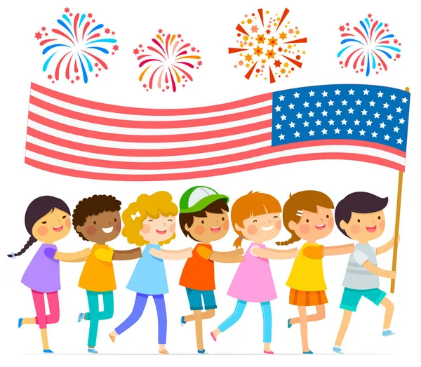 Niños con la bandera americana — Vector de stock