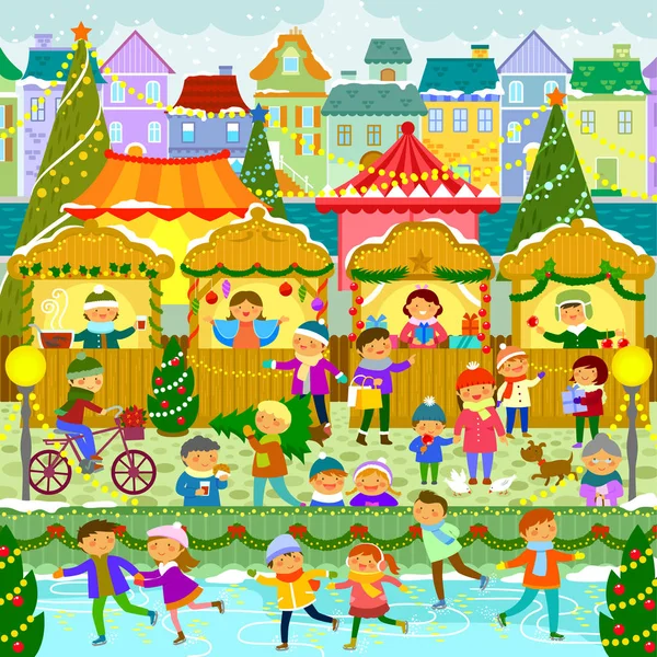 Renkli Noel Pazarı Avrupa Bir Kasabada — Stok Vektör