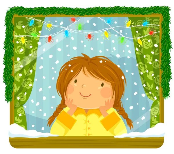 Маленькая Девочка Смотрит Снег Через Окно Рождественскими Огнями Украшением — стоковый вектор