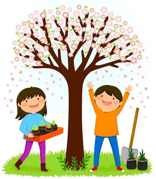 Enfants Debout Sous Arbre Fleurs Préparant Planter Des Gaules Pour — Image vectorielle