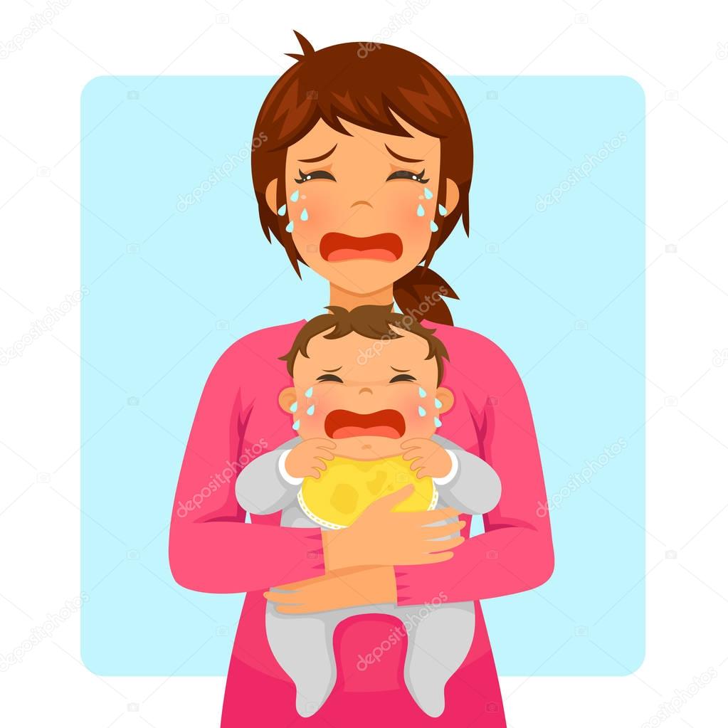 Young mother crying while holding her crying baby