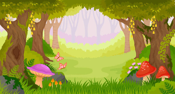Bright fairy tale forest with copy space
