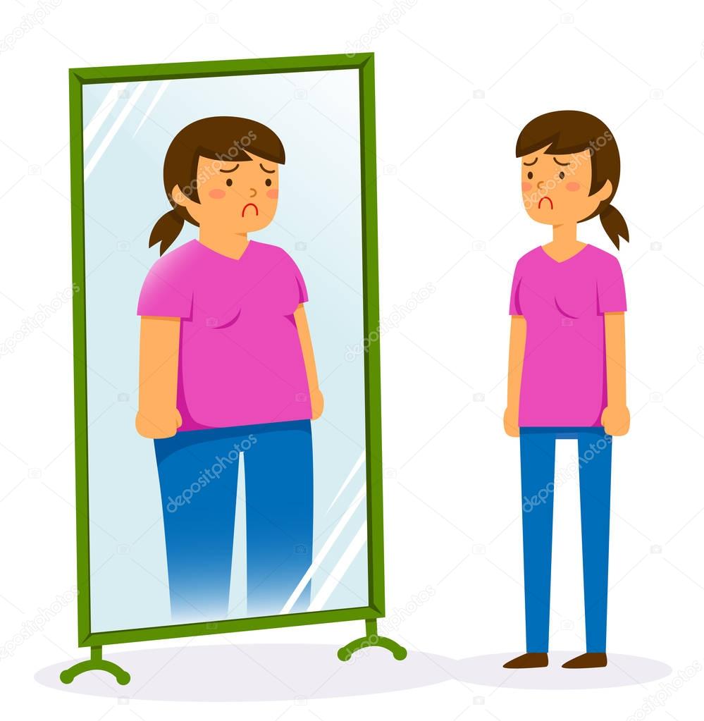Unhappy woman looking in the mirror and seeing a fat image of herself