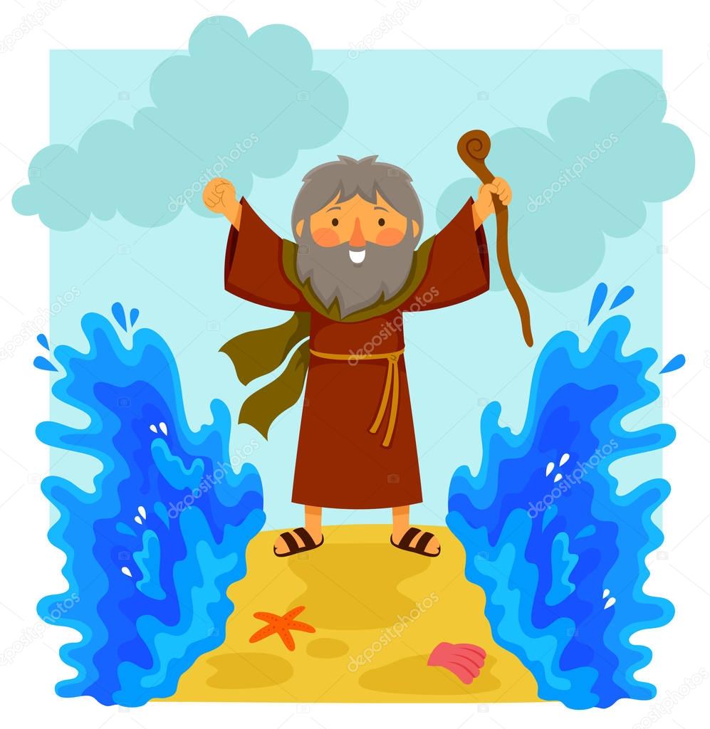 Cartoon illustration of happy Moses parting the red sea in the biblical story.