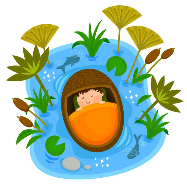 Biblical Scene Baby Moses Sleeping Peacefully Ark While Floating Nile — Stock Vector