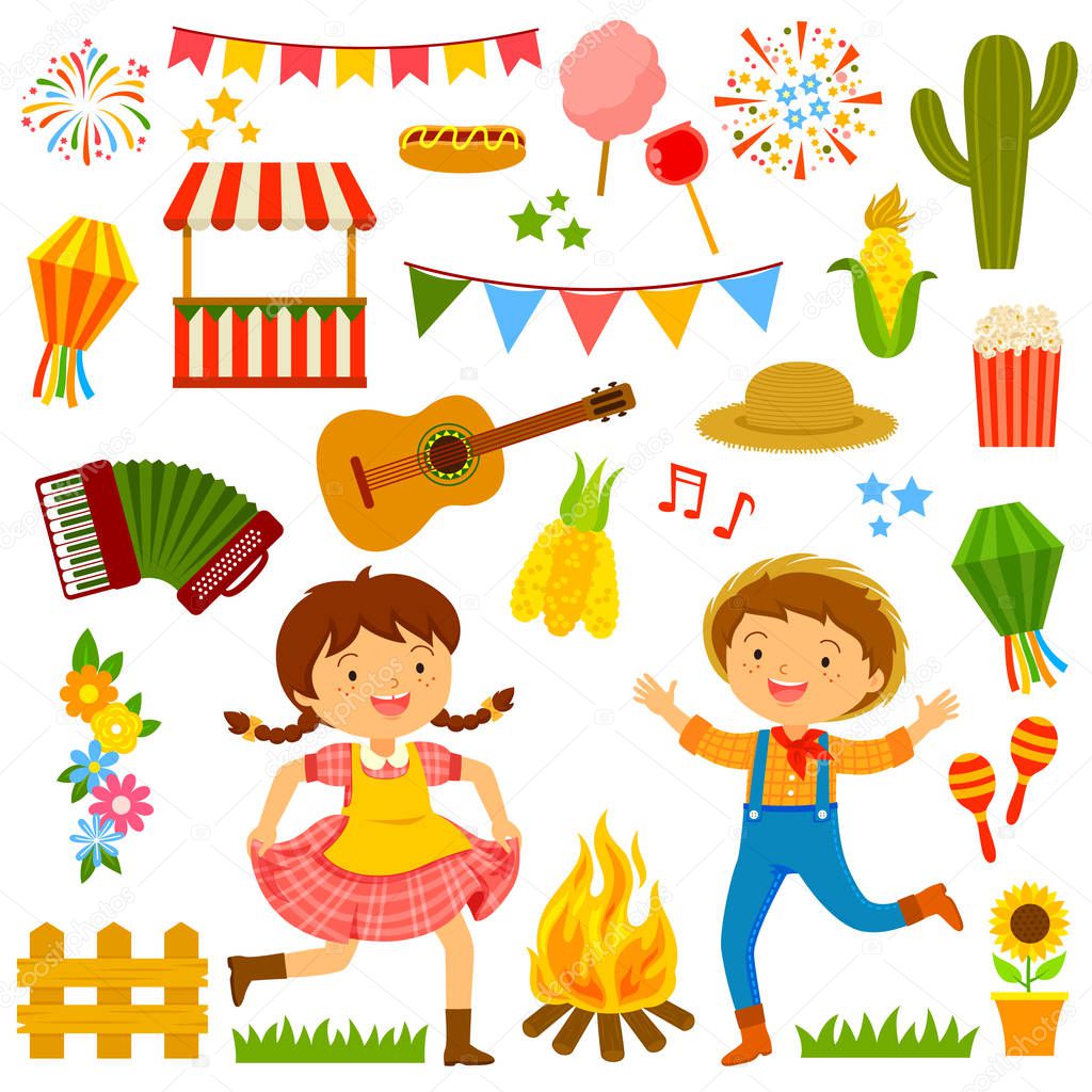 Set of cartoons for Festa Junina with dancing kids and related items.