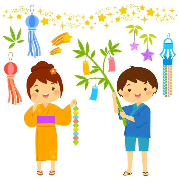 日本七夕之星节 卡通儿童和图标设置在可爱的风格绘制 — 图库矢量图片