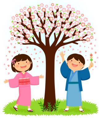 Çiçeklenme kiraz ağacı altında duran geleneksel kimono Japon çocuk. Çocuk dango pirinç köfte tutuyor.