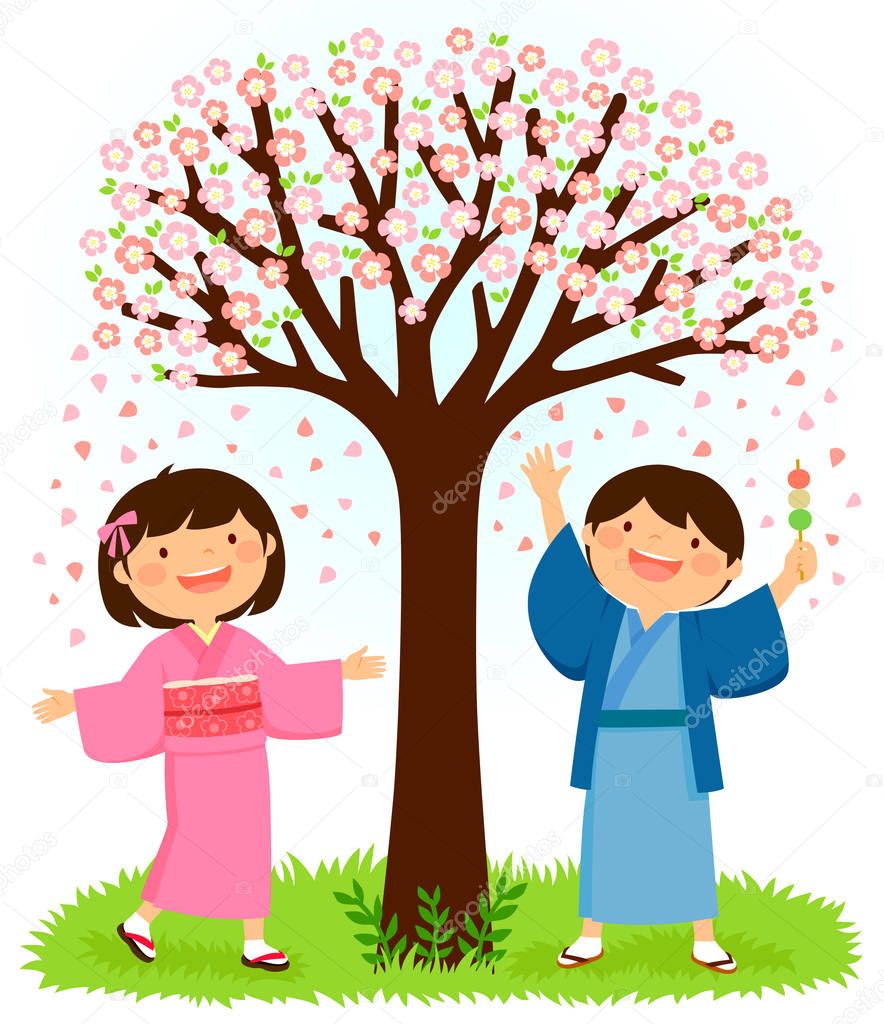 Japanese children in traditional kimonos standing under a blooming cherry tree. The boy is holding dango rice dumplings.