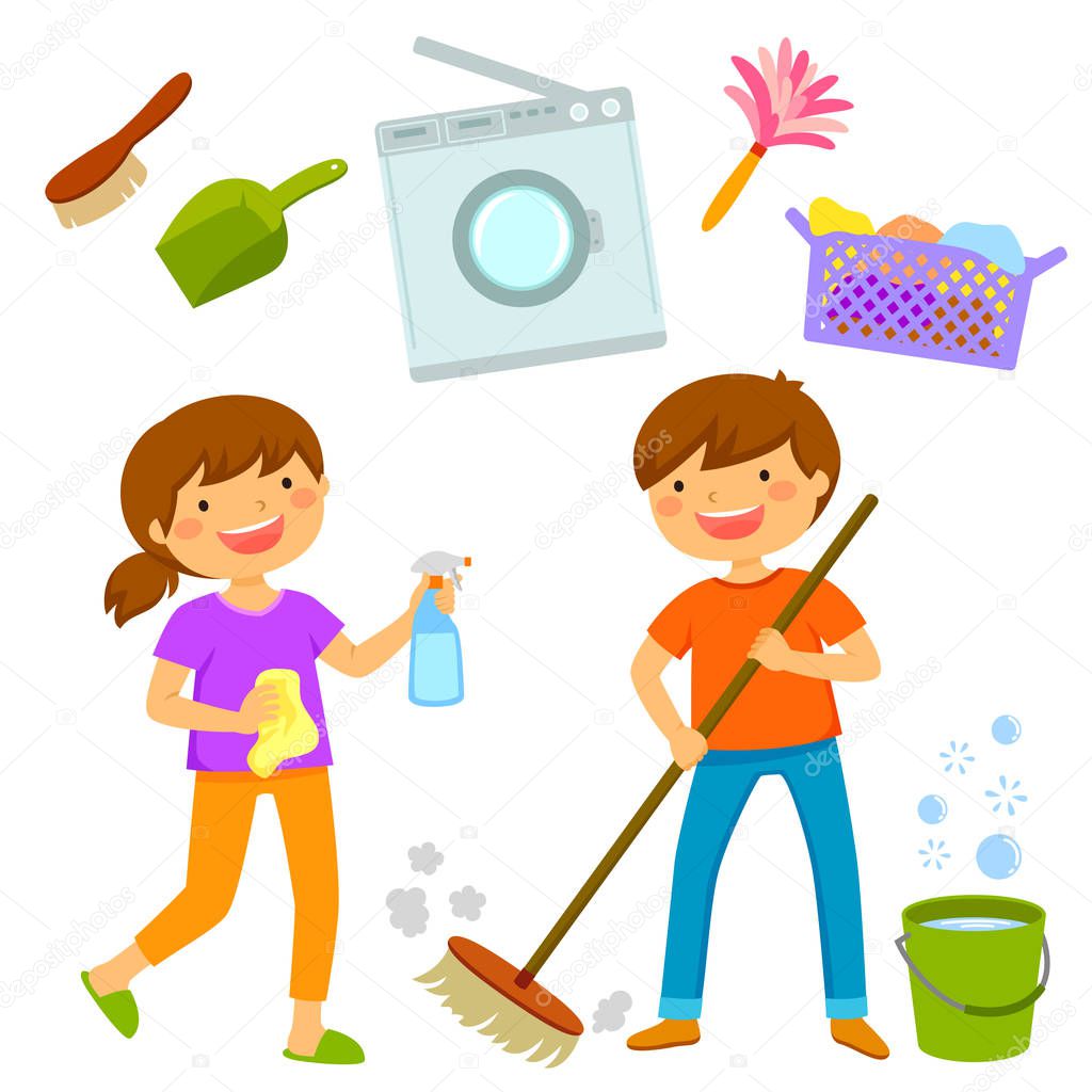Happy boy and girl cleaning the house and doing chores together