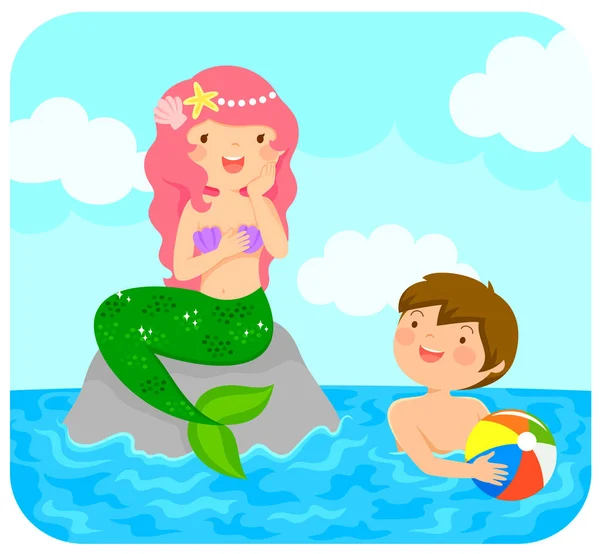 Mermaid Sitting Rock Sea Smiling Boy Beach Ball — Stock Vector