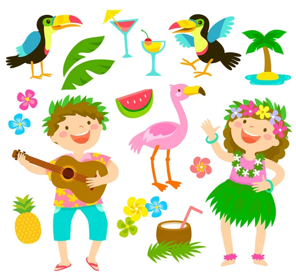 Glückliche Kinder Mit Hawaiianischen Outfits Zusammen Mit Tropischen Themen — Stockvektor