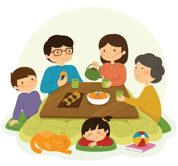 Japans Gezin Zit Rond Kotatsu Tafel Drinkt Thee — Stockvector