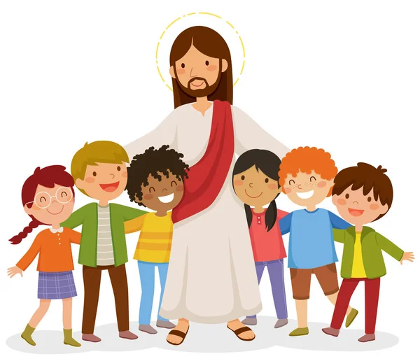 Cartoon Jesus Standing Hugging Happy Kids — Stock Vector