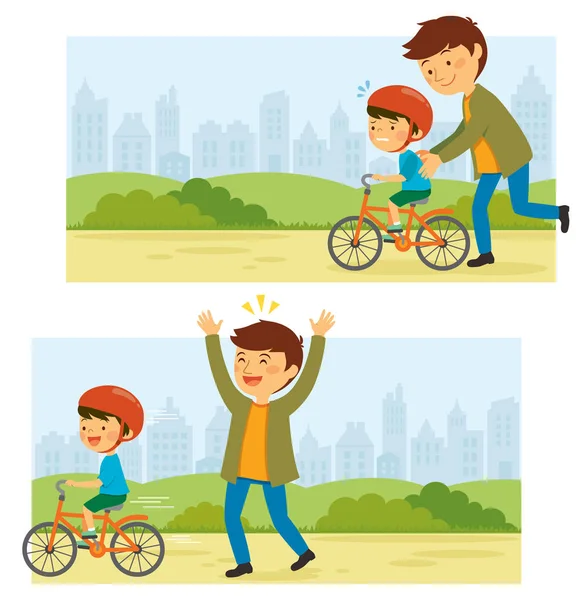 父は子供に背景に街並みのある公園で自転車に乗ることを教えています — ストックベクタ