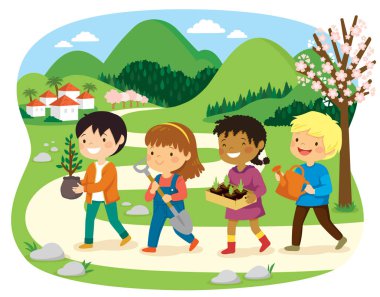 İsrail 'in Tu Bishvat bayramı. Çocuklar yeşil kırsal bir alanda çiçek açan badem ağaçlarıyla ağaç dikiyorlar..