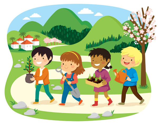 Israeli holiday of Tu Bishvat. Kids planting trees in a green rural area with blooming almond trees.