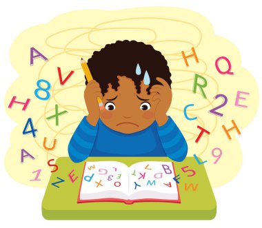 Dyslexia and learning difficulties. Dark skinned confused kid looking at letters and numbers flying out of a book. clipart