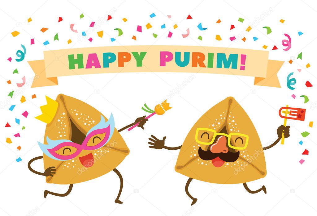 Cartoon Purim Hamantashen or Oznei Haman wearing masks and dancing Happily under the text Happy Purim.