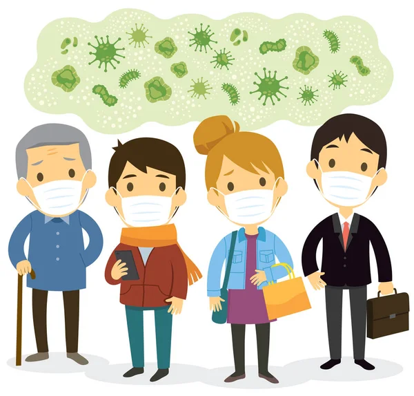 Gruppe Von Menschen Mit Mundschutz Und Angst Vor Viren Und — Stockvektor