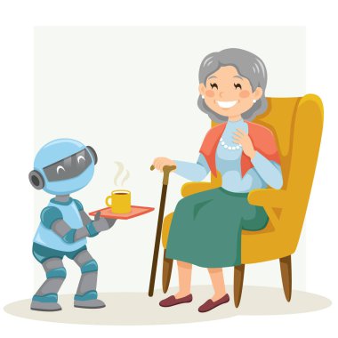 Yaşlı bakım robotu gülümseyen yaşlı bir kadına çay servisi yapıyor.