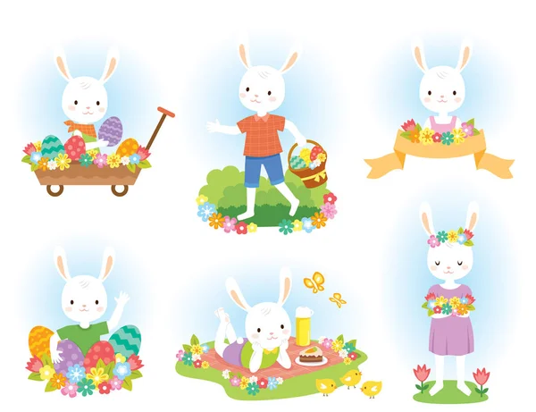 Пасхальний Кролик Набір Мистецтва Милими Білими Кроликами Великодніми Яйцями Квітами — стоковий вектор