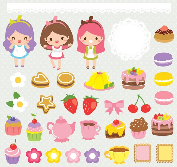 Cute Food Clipart Set Girls Sweets Cakes Teacups Lace Ornaments — Stock Vector