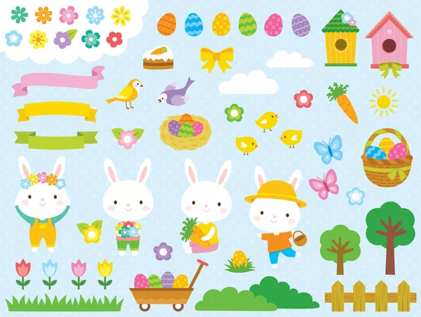 Pasen Clip Art Set Met Schattige Paashaas Paaseieren Andere Lente — Stockvector