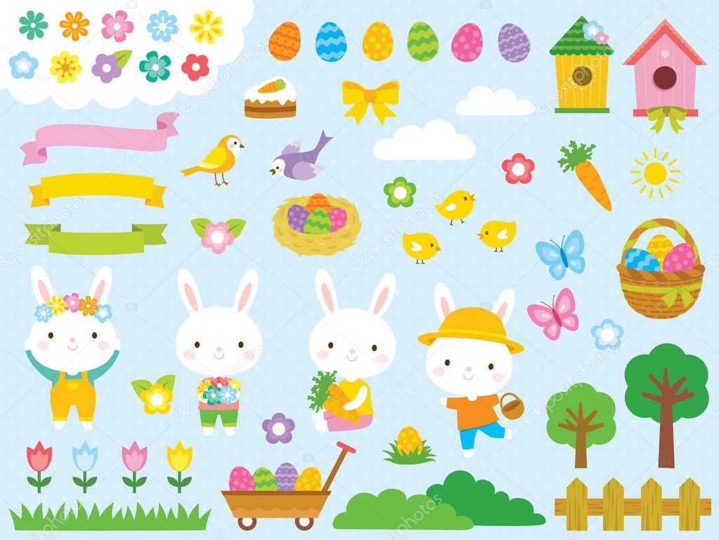 Easter clip art set with cute Easter bunnies, Easter eggs and other spring related illustrations.